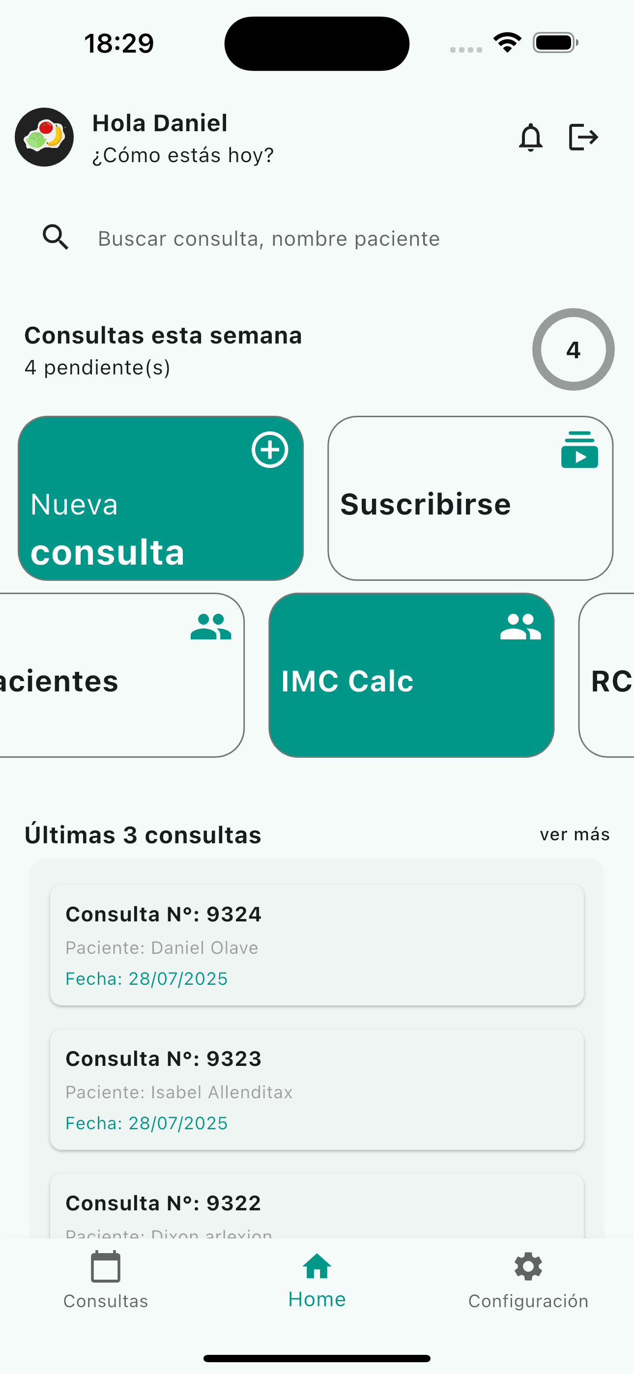 Pantalla de inicio de NUVU en iPhone
